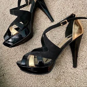 Guess Strappy Black & Gold Open Toe Platform Stiletto Heels